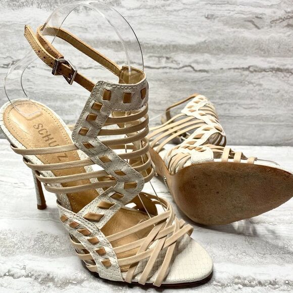 SCHUTZ Snake Print Caged High Heels Leather Sole White Tan Open Toe Ankle Strap - Picture 16 of 16
